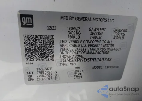 2023 Chevrolet Tahoe 4Wd Z71 z USA, uszkodzony, nr VIN 1GNSKPKD5PR249743